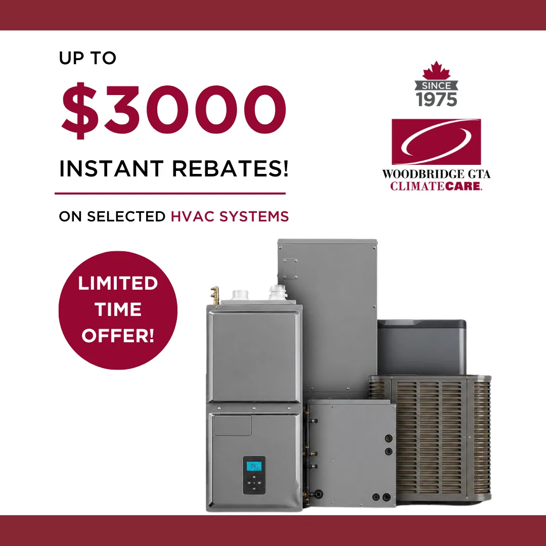 Promotional graphic for HVAC systems with rebate offer.