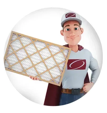 Cartoon character holding a large air filter.
