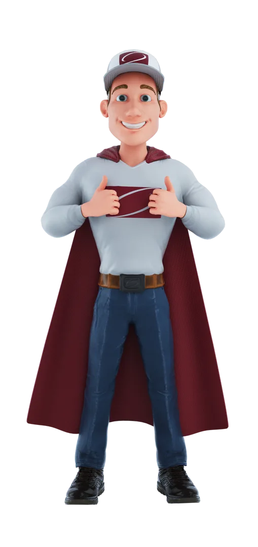 A cartoon character dressed as a superhero with a cape.