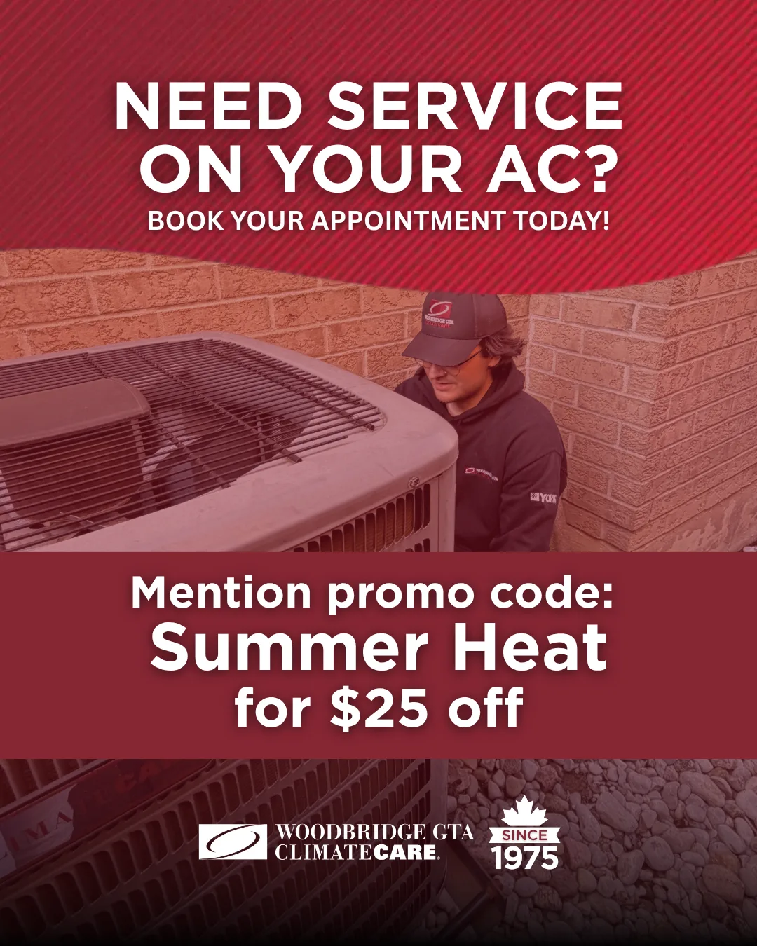 Promotional graphic for HVAC service with technician and discount details.