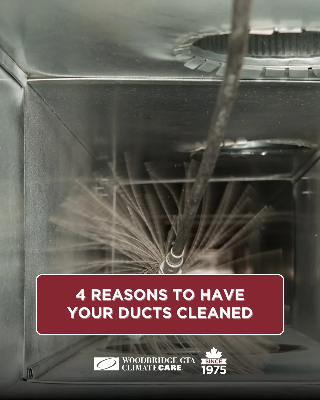 Duct cleaning process with a brush inside a duct.