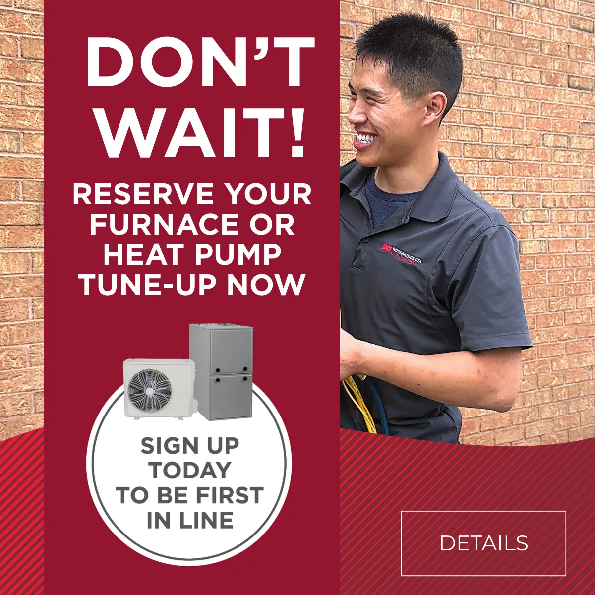 Promotional graphic for HVAC services with technician and equipment.
