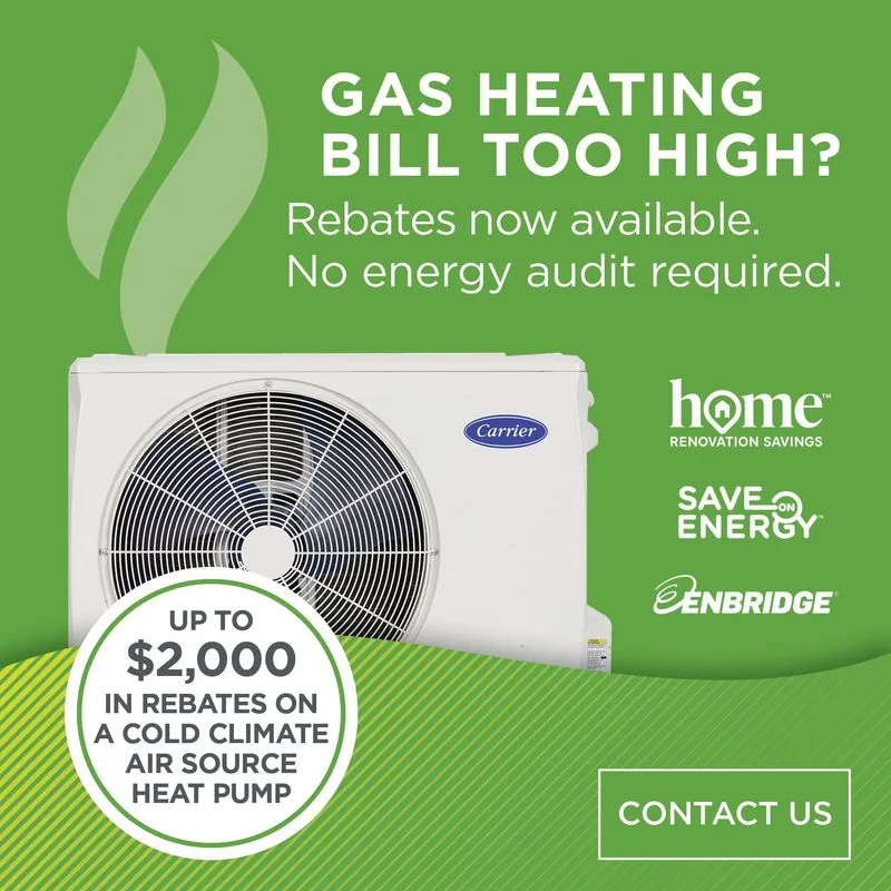 Promotional graphic for gas heating rebates with air source heat pump.