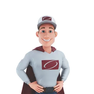A superhero cartoon character with a maroon logo and cape.