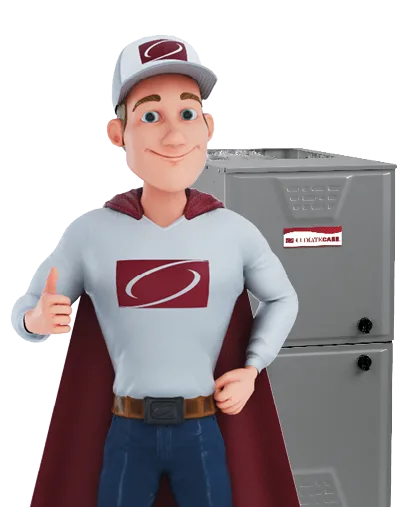 A cartoon character in a cape stands next to a furnace.