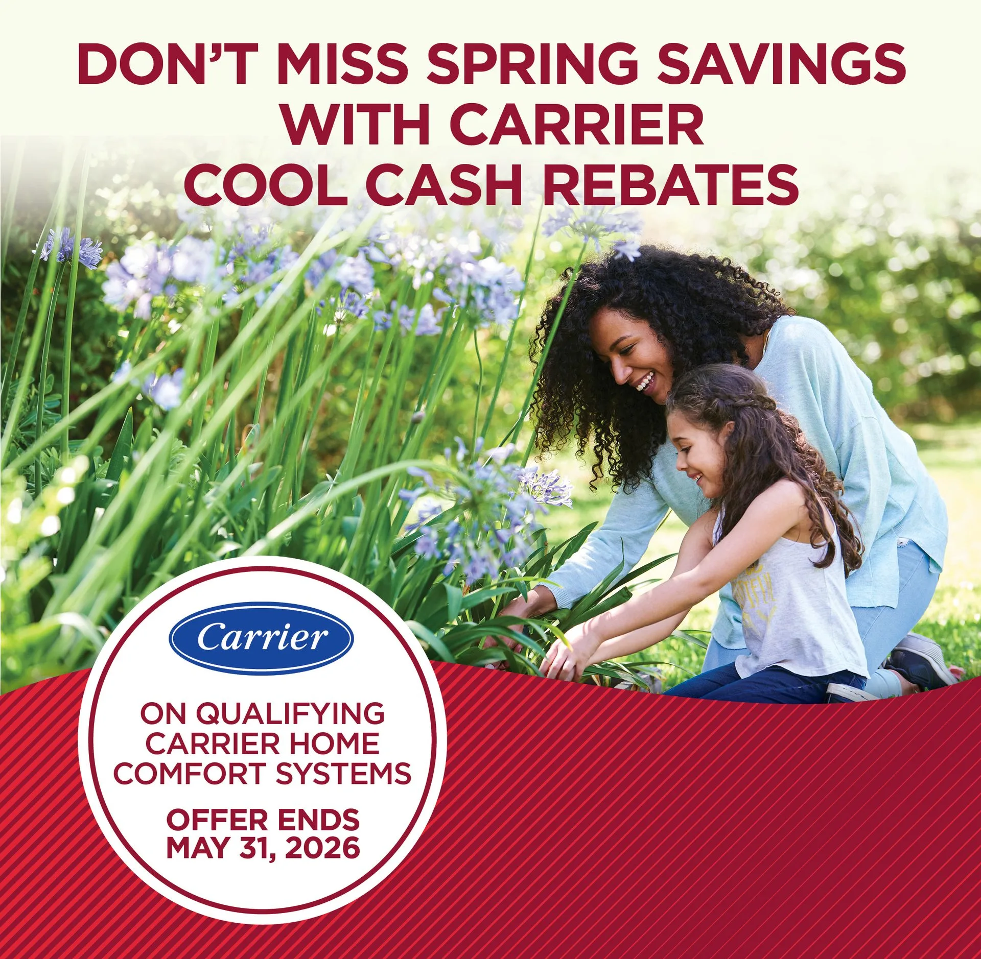A woman and girl enjoy a garden while promoting HVAC rebates.