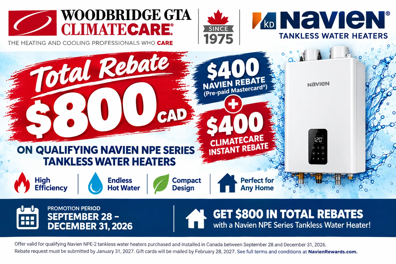 Promotional graphic for Navien tankless water heaters rebate offer.