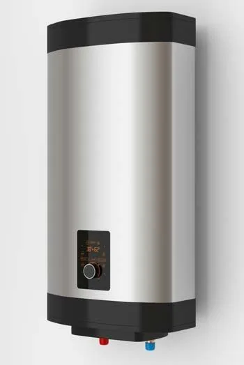 A stainless steel boiler mounted on a wall.