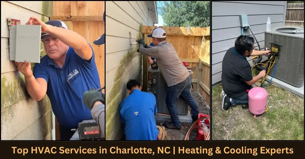 HVAC technicians repairing air conditioning units outside a home.