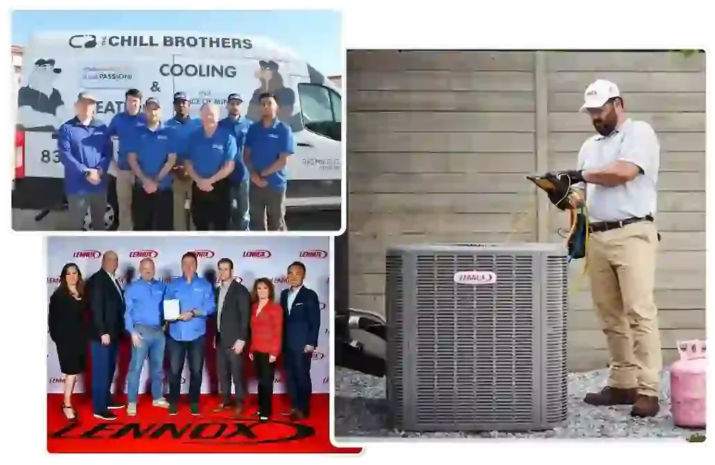 The Chill Brothers team posing with an HVAC unit.