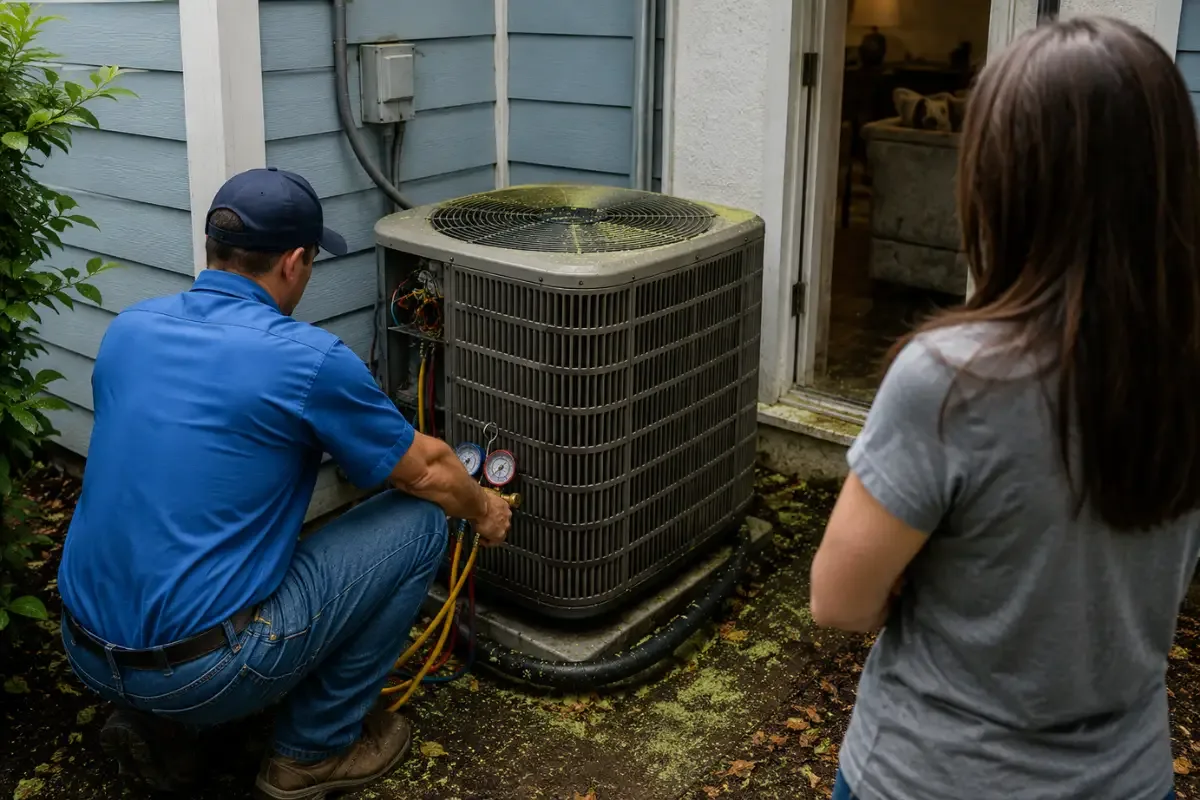 Technician servicing an air conditioning unit outside a home.