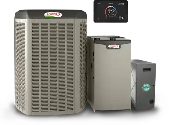 Lennox HVAC system with digital thermostat and components.
