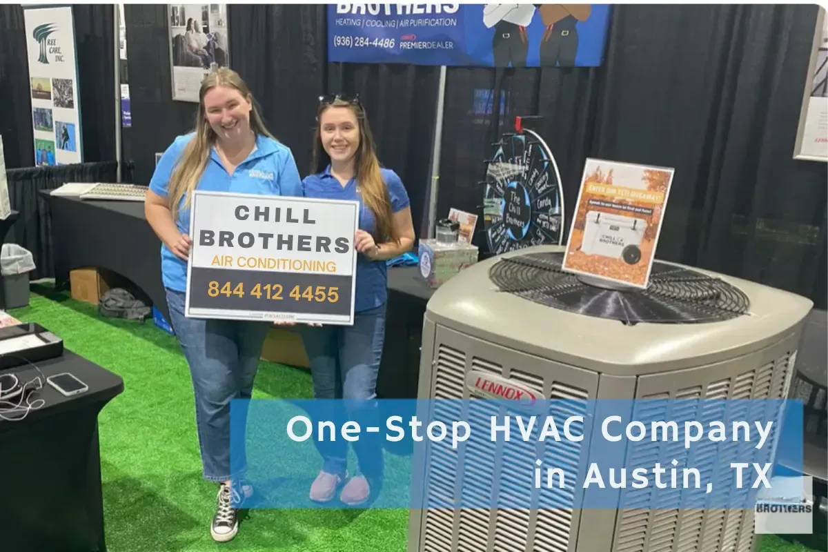 Two women promoting Chill Brothers HVAC services at an event.