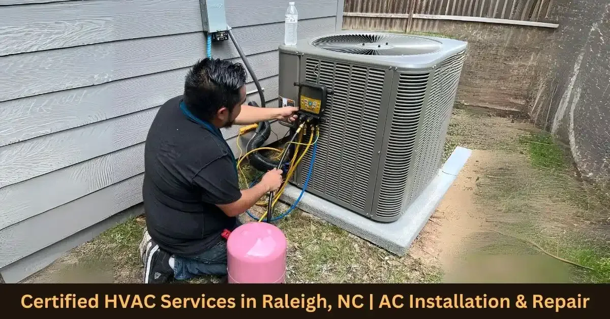 Technician servicing an air conditioning unit in a backyard.