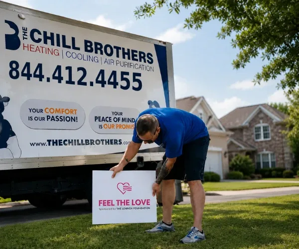 Technician adjusting a 'Feel the Love' sign in a yard.