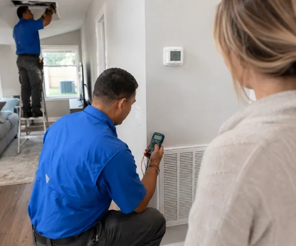 Technician checking air conditioning in a residential home.