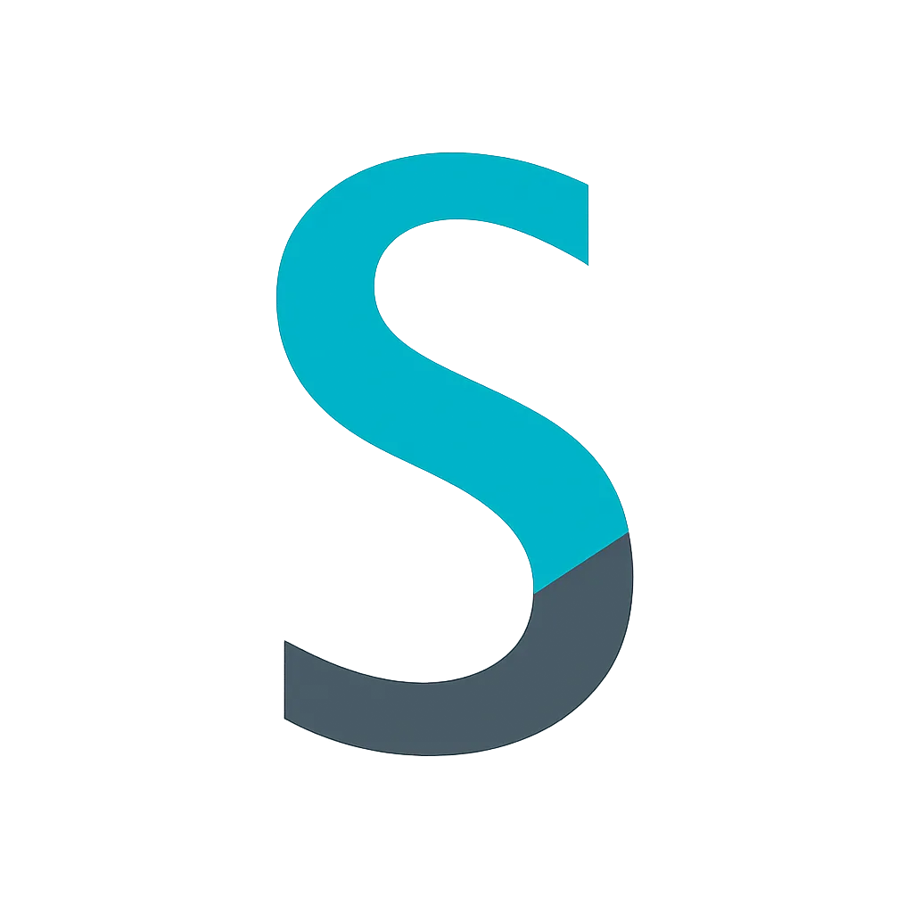 Stylized letter S in turquoise and dark blue.