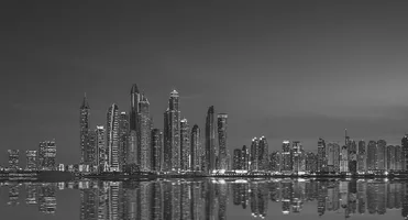 Dubai skyline at night in black and white.