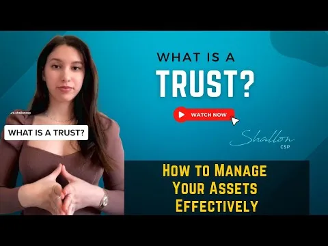 Woman discussing trusts with a blue background.