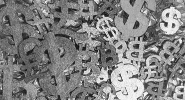 A pattern of silver dollar signs on a metallic background.