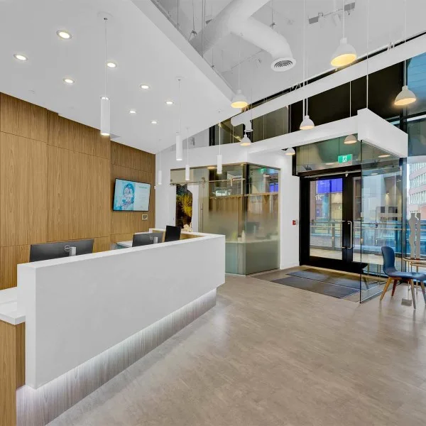 Modern dental reception area with a sleek design.