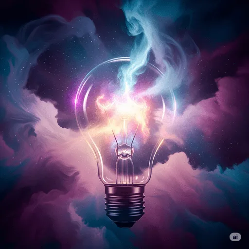 A light bulb emitting colorful light in a cosmic background.