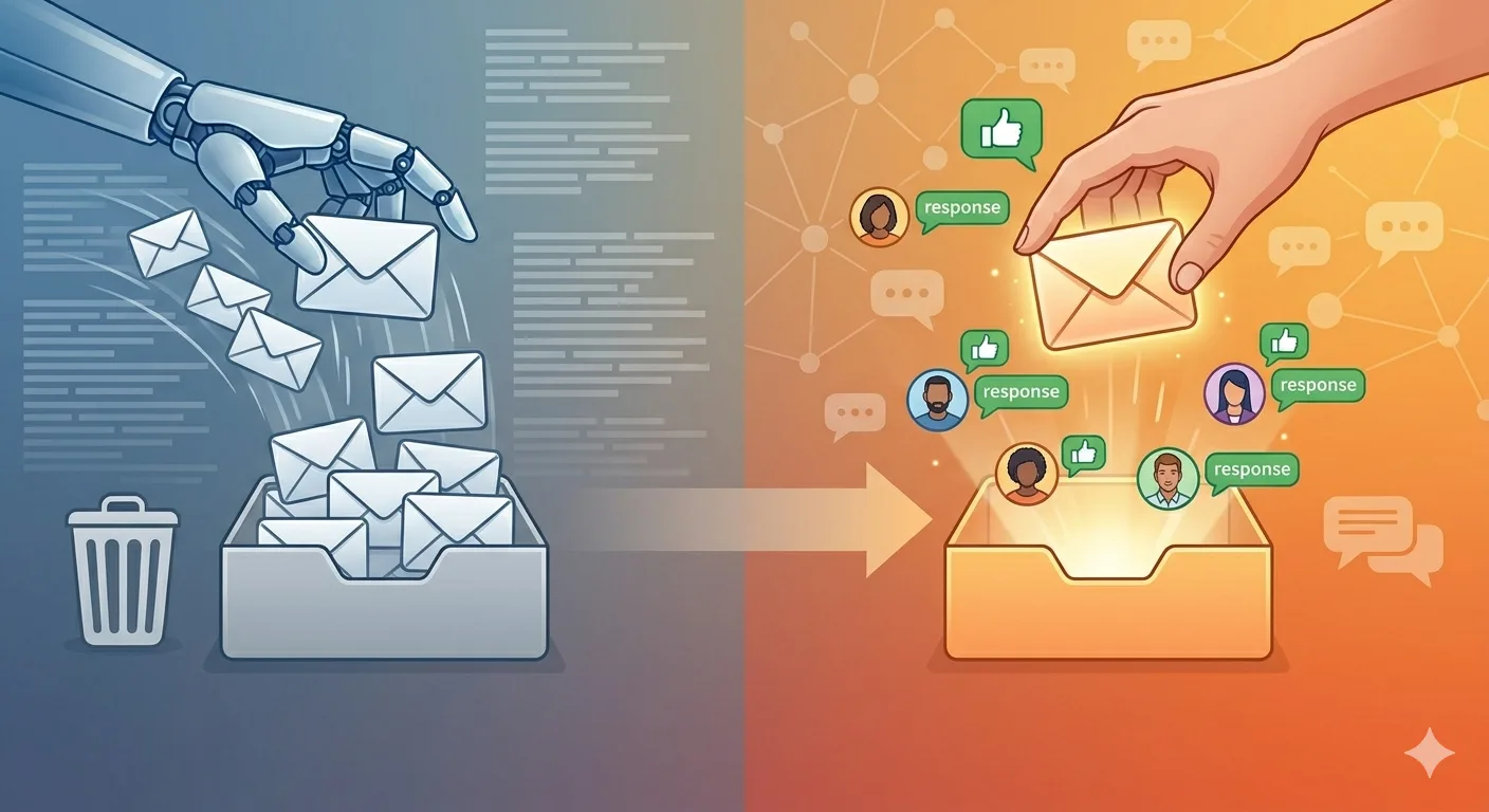 An illustration of email management with robotic and human elements.