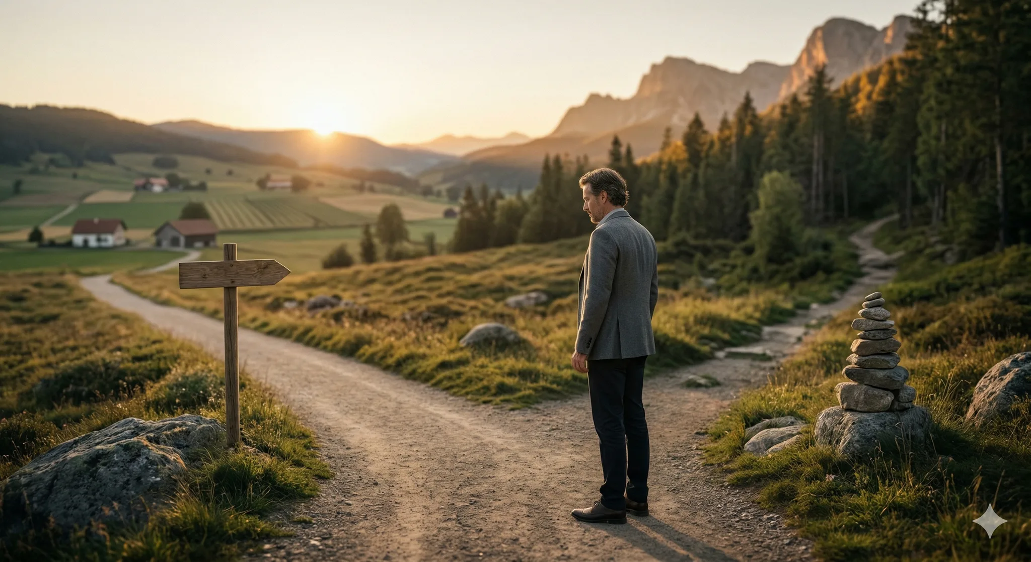 A man in a suit at a crossroads in a scenic landscape.