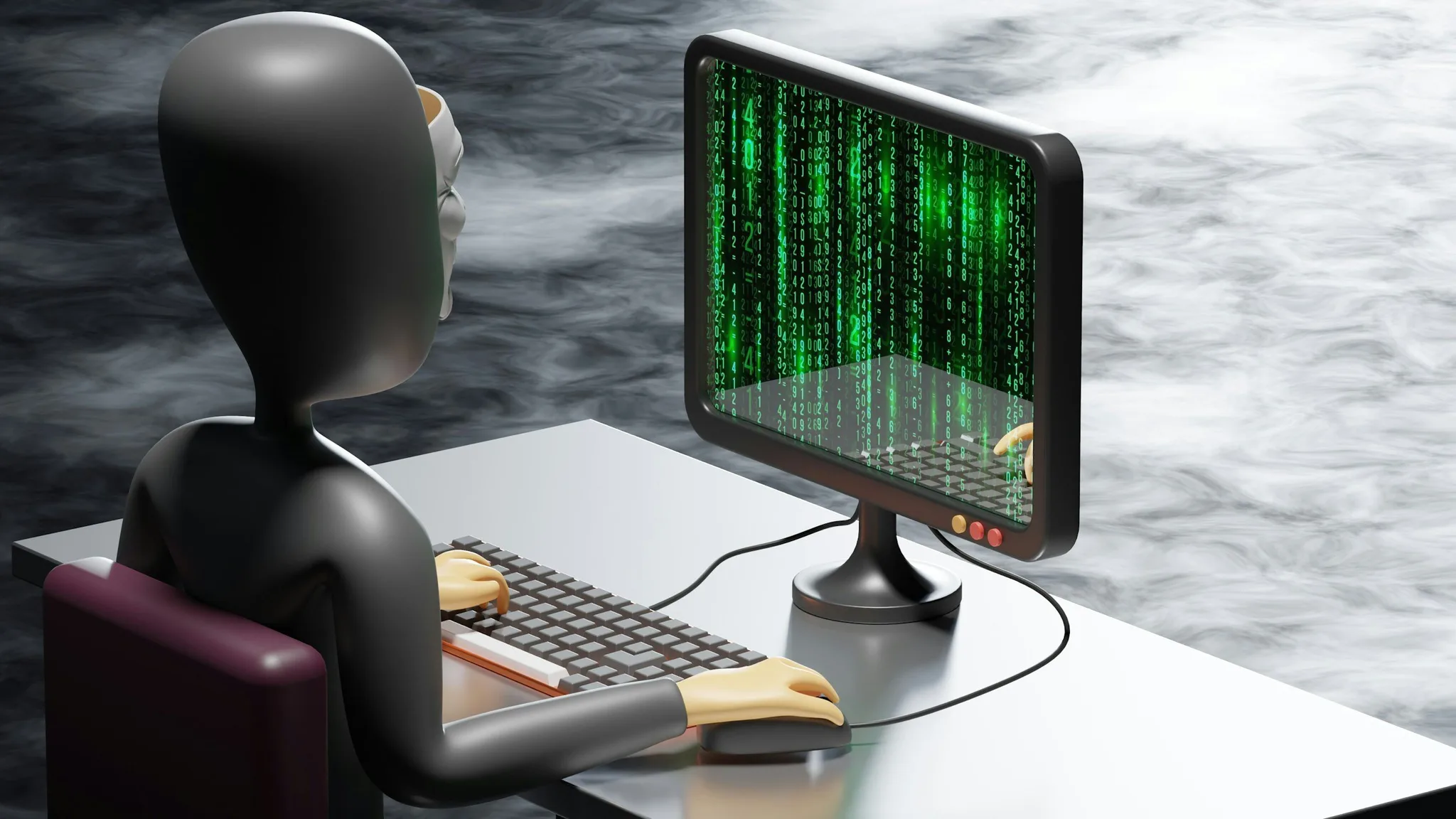 A stylized figure at a computer with a green matrix display.