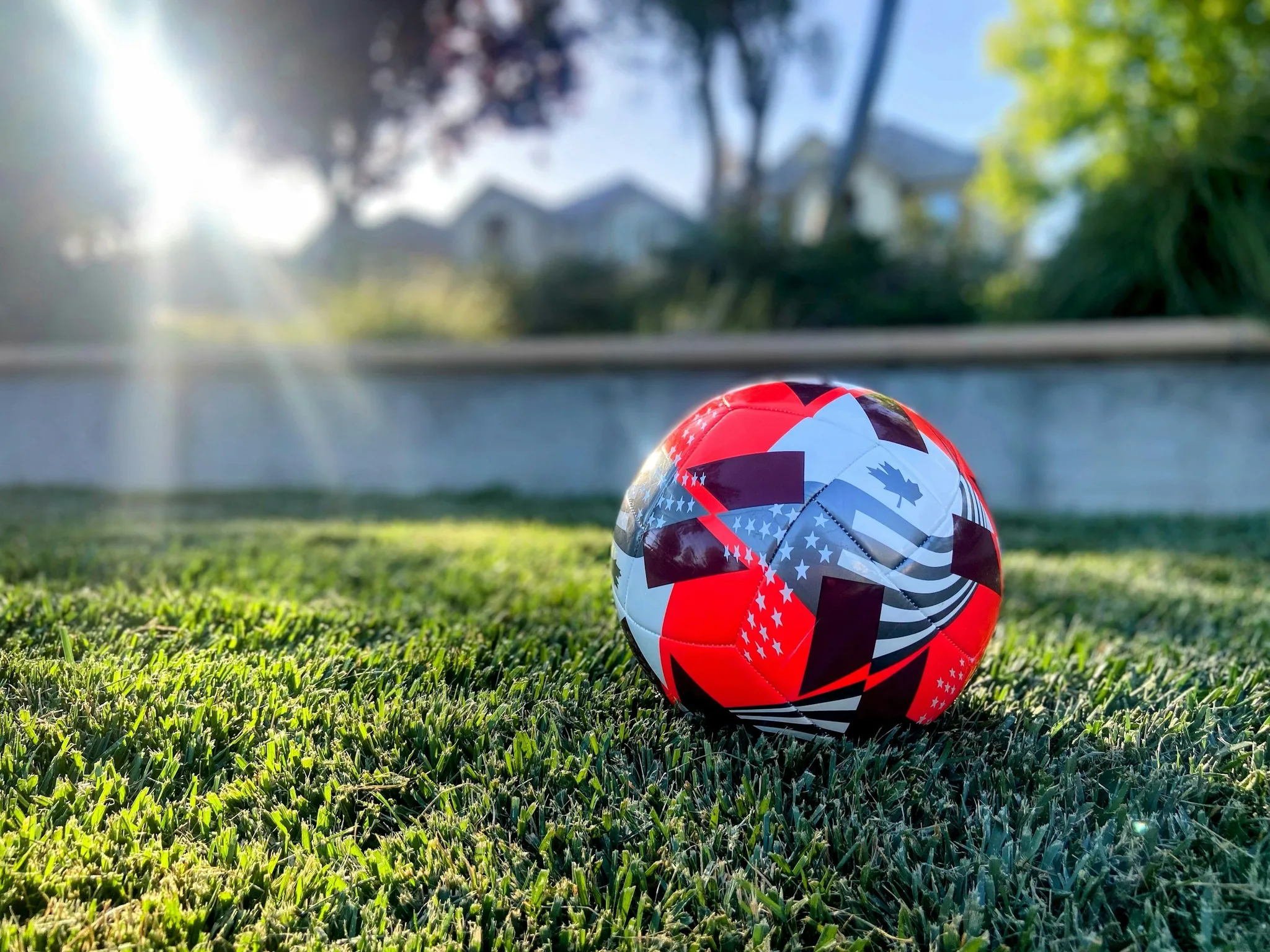 A colorful soccer ball on green grass with sunlight in background.