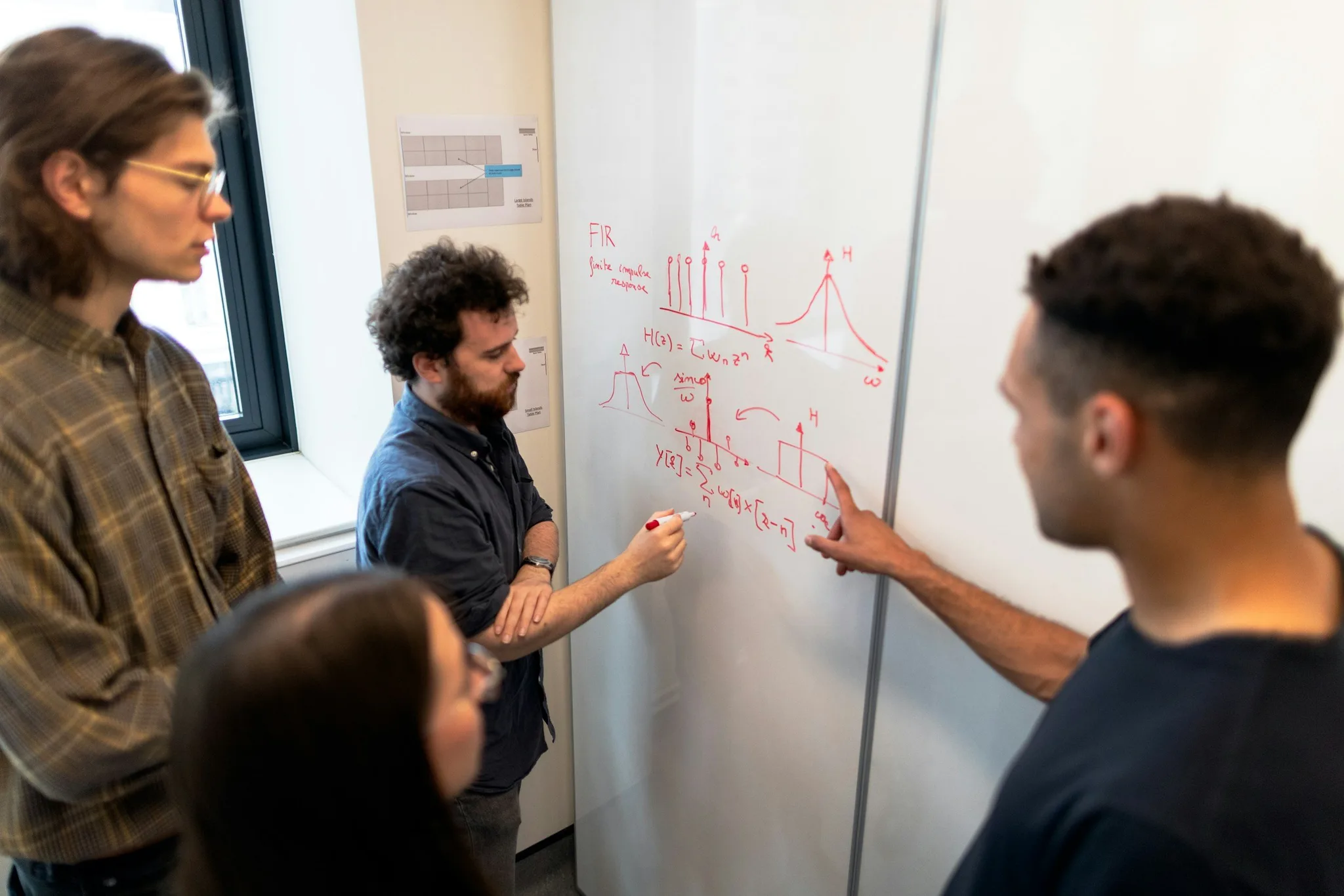 Professionals collaborating around a whiteboard with equations.
