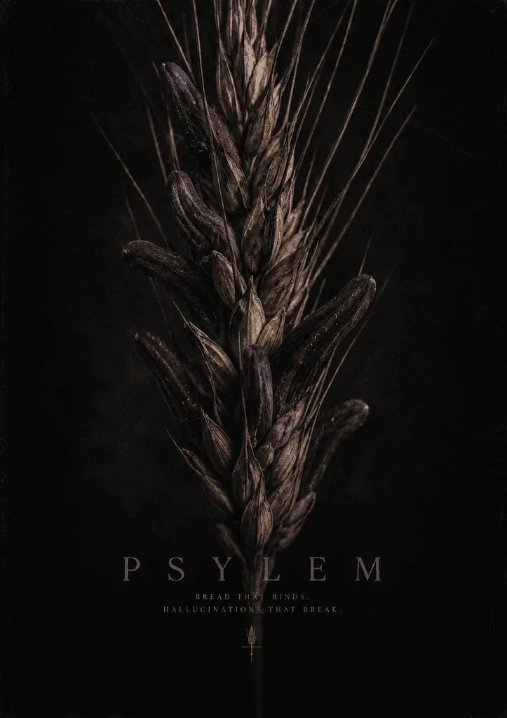 Graphic design featuring dark wheat stalks and artistic text.