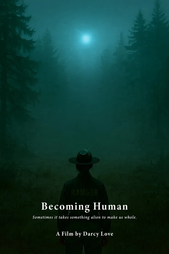 Film poster for 'Becoming Human' set in a foggy forest.