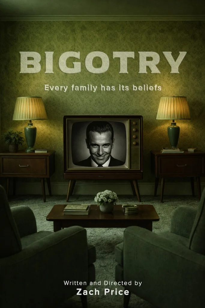 A vintage living room with a television displaying a man's image.