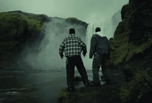 Two people in front of a large waterfall.