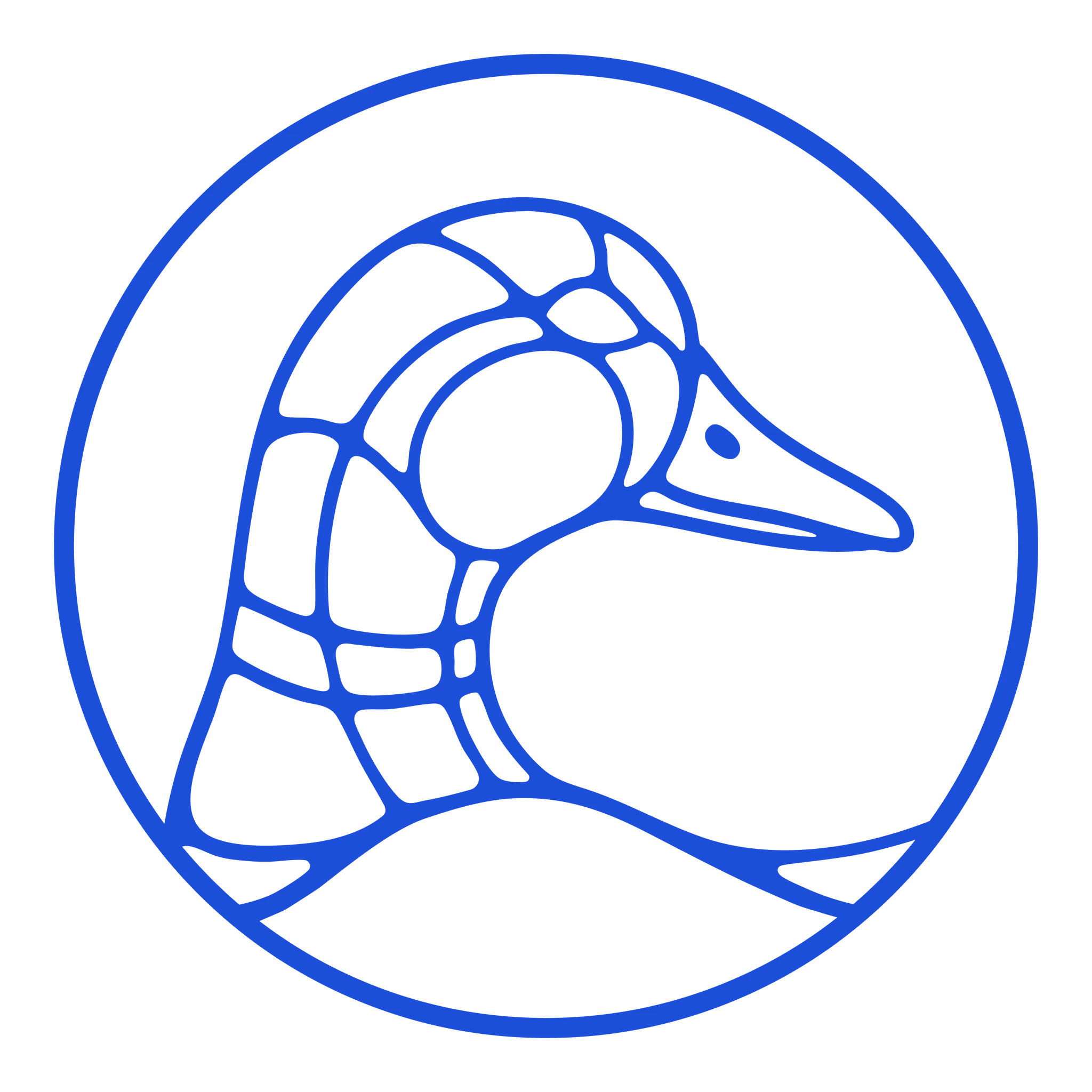 Abstract logo of a duck's head in blue outline.