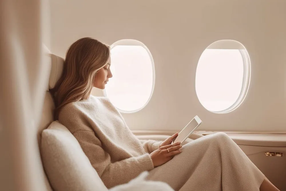 A woman reading on a tablet in a private jet.