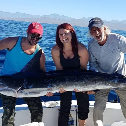 Three people holding a large marlin on a boat.