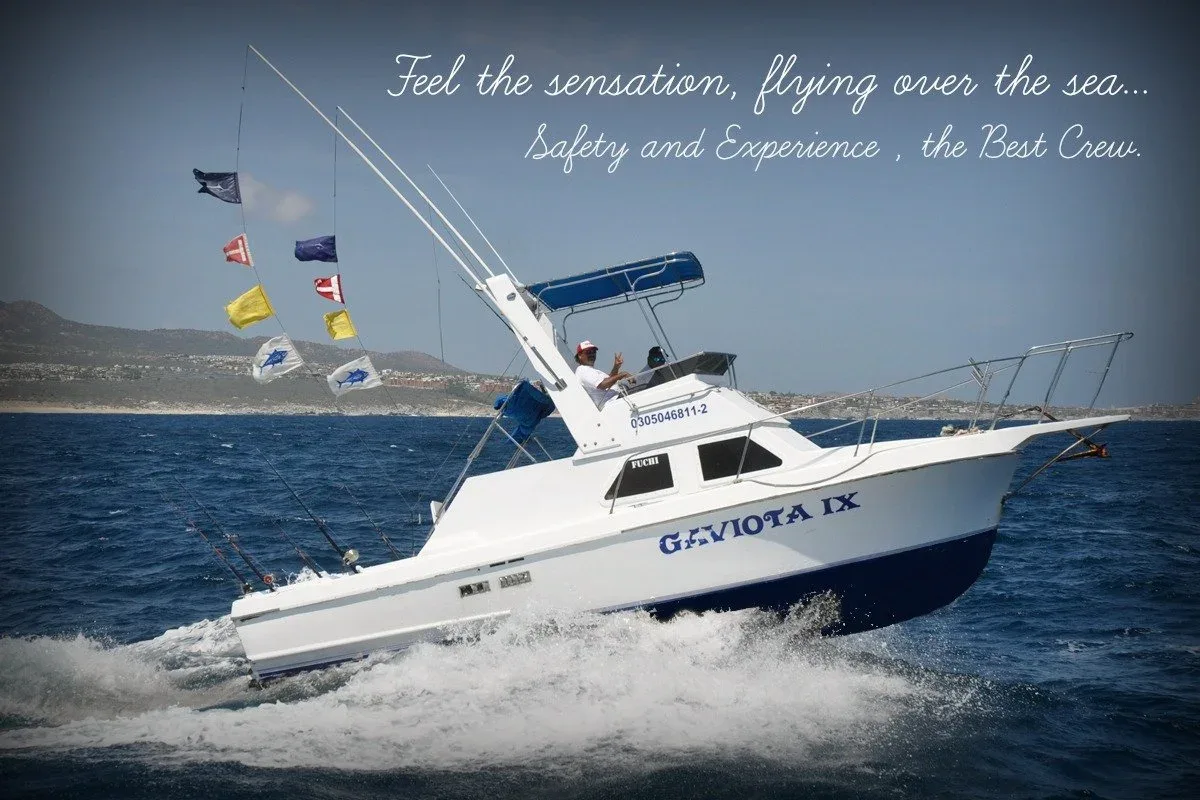 A motorboat named Gaviota IX sailing on the ocean.