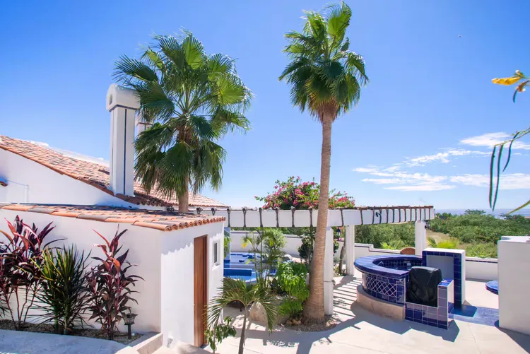 A luxury villa with palm trees and a jacuzzi.