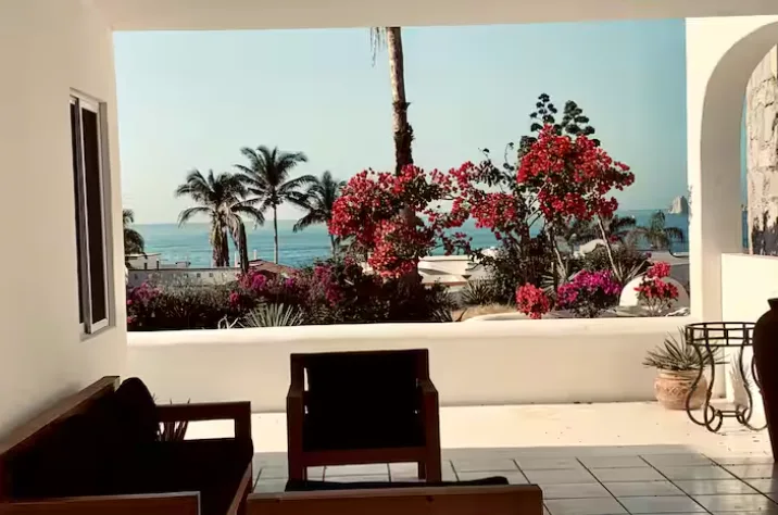 A tropical patio view with flowers and ocean in the background.