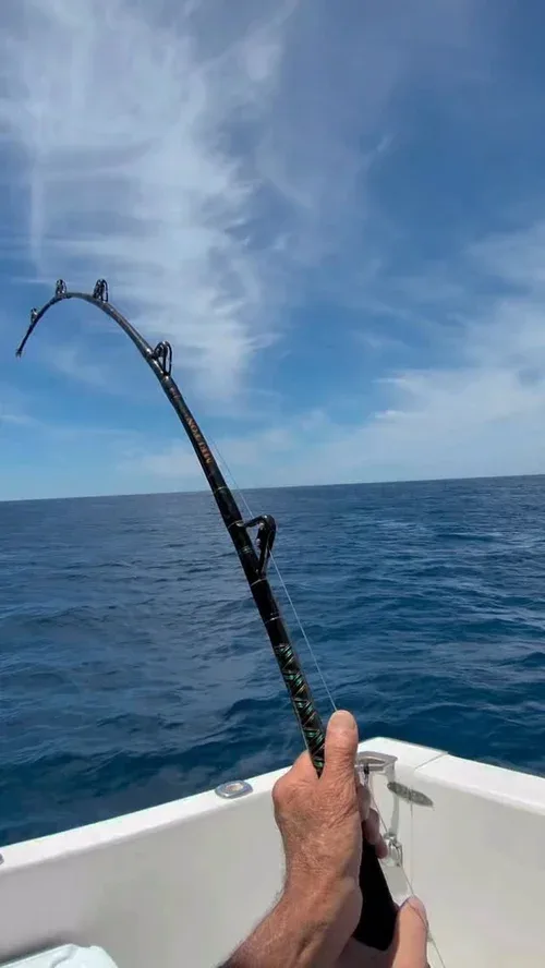 A person holding a bent fishing rod on a boat.