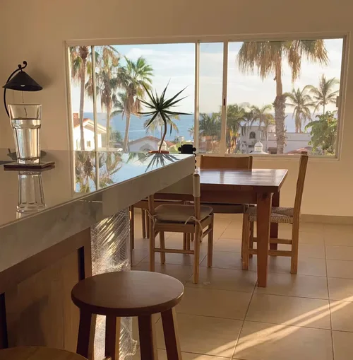 Dining area with ocean view and palm trees.