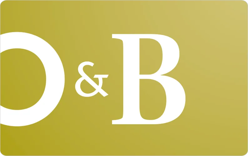 Logo with stylized letters O and B in white on gold background.