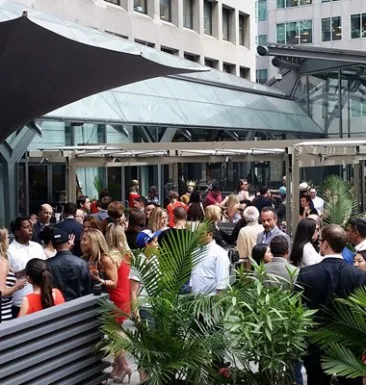 A lively outdoor patio with people socializing and greenery.