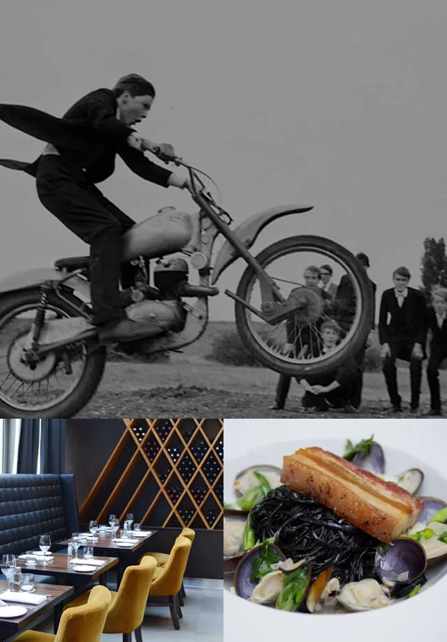 A vintage motorcycle stunt and a modern restaurant interior with gourmet food.
