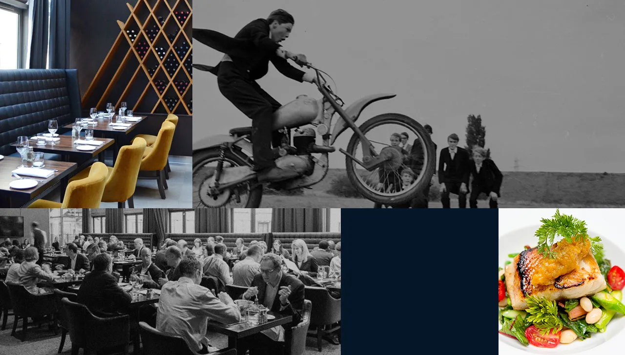 A collage of a restaurant, vintage photo, dining scene, and gourmet dish.