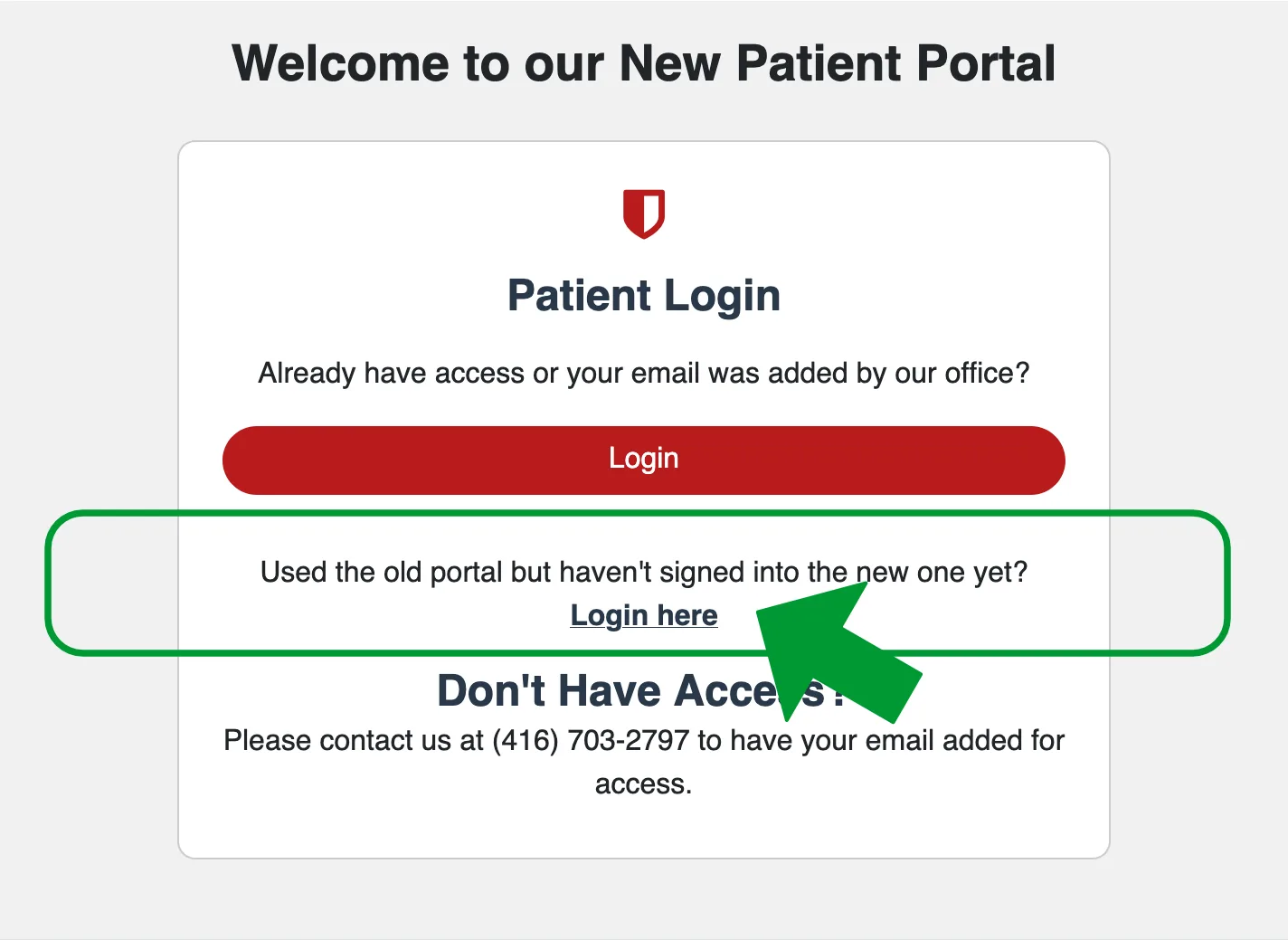 Patient portal welcome screen with login instructions.