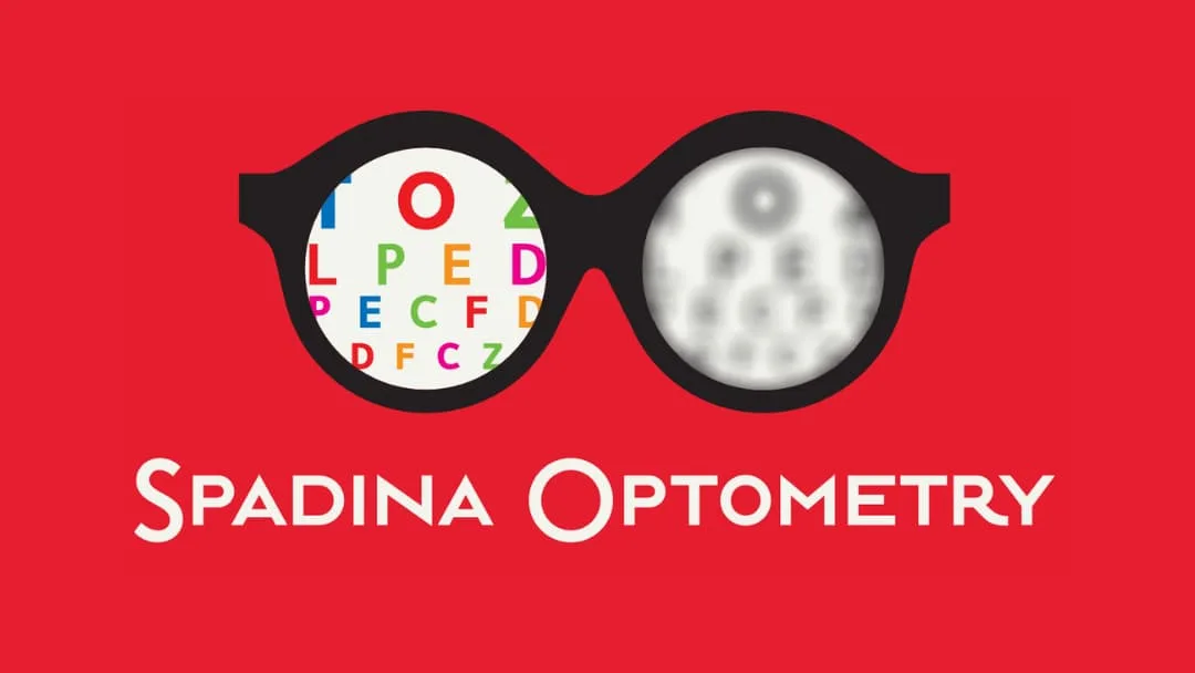 Graphic design for Spadina Optometry featuring glasses and colorful letters.