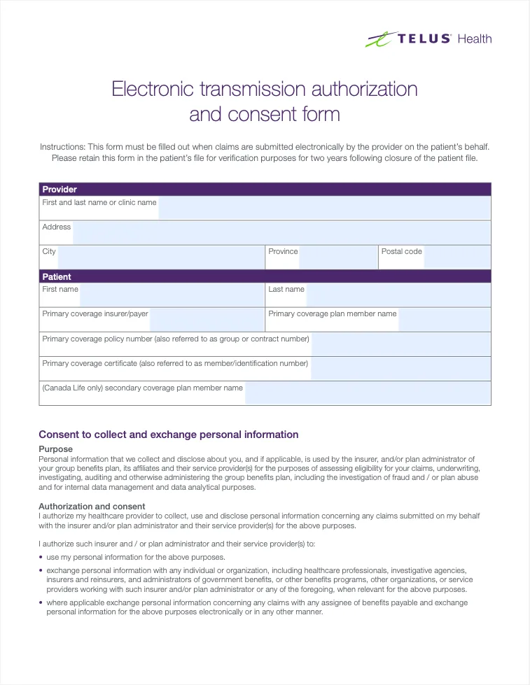 TELUS Health electronic claims consent form